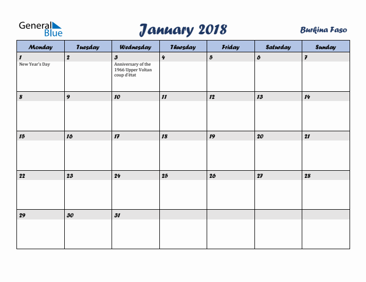 January 2018 Calendar with Holidays in Burkina Faso