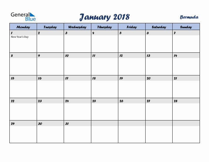 January 2018 Calendar with Holidays in Bermuda