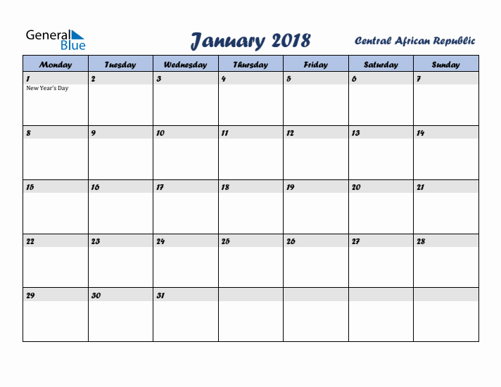 January 2018 Calendar with Holidays in Central African Republic