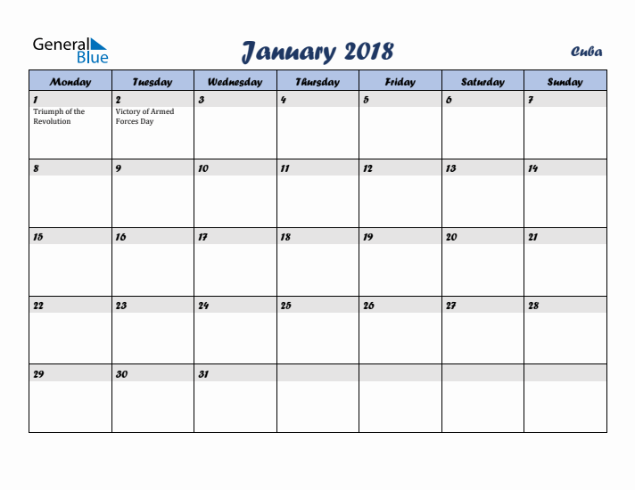 January 2018 Calendar with Holidays in Cuba