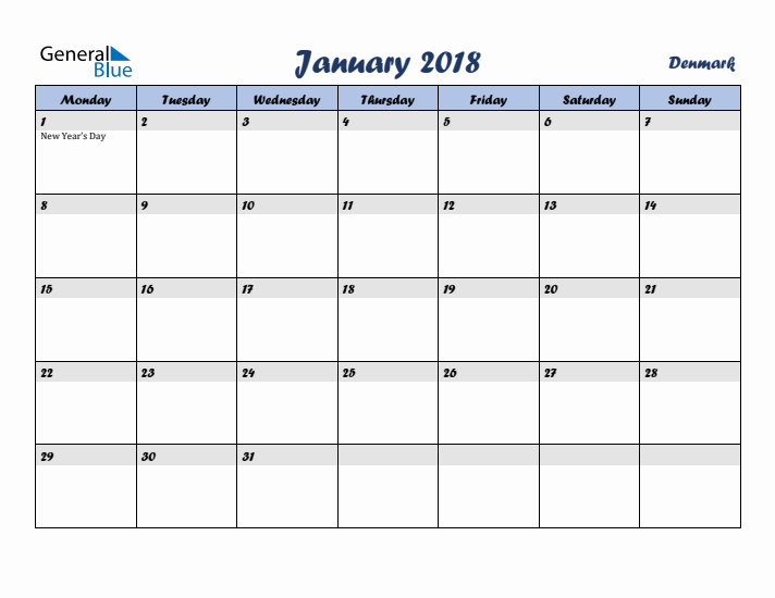 January 2018 Calendar with Holidays in Denmark