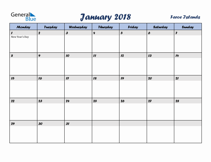 January 2018 Calendar with Holidays in Faroe Islands