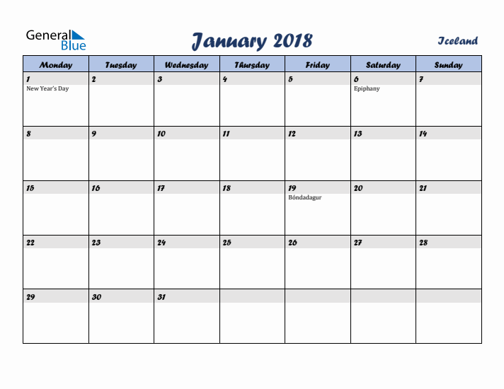 January 2018 Calendar with Holidays in Iceland