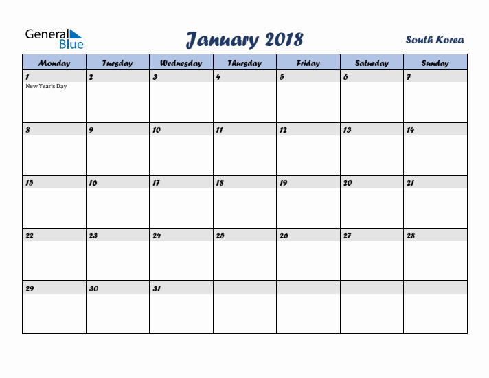 January 2018 Calendar with Holidays in South Korea