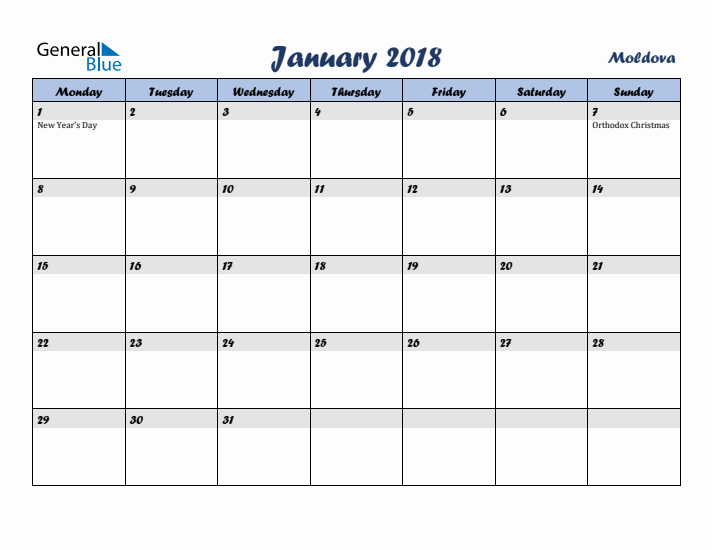 January 2018 Calendar with Holidays in Moldova