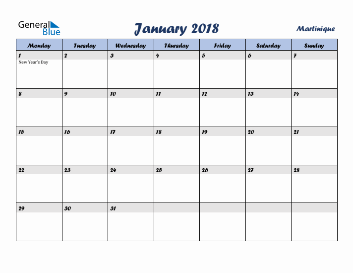 January 2018 Calendar with Holidays in Martinique