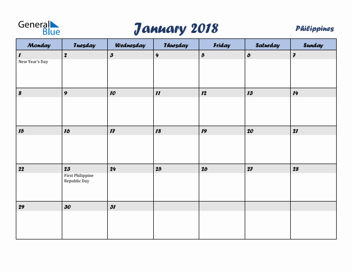 January 2018 Calendar with Holidays in Philippines