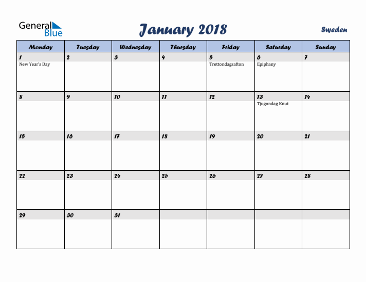 January 2018 Calendar with Holidays in Sweden