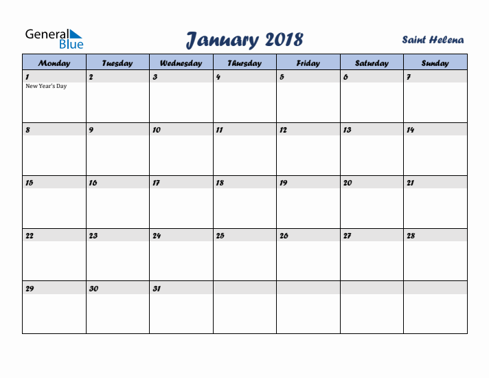 January 2018 Calendar with Holidays in Saint Helena