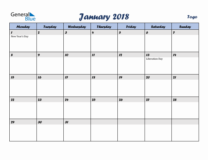 January 2018 Calendar with Holidays in Togo