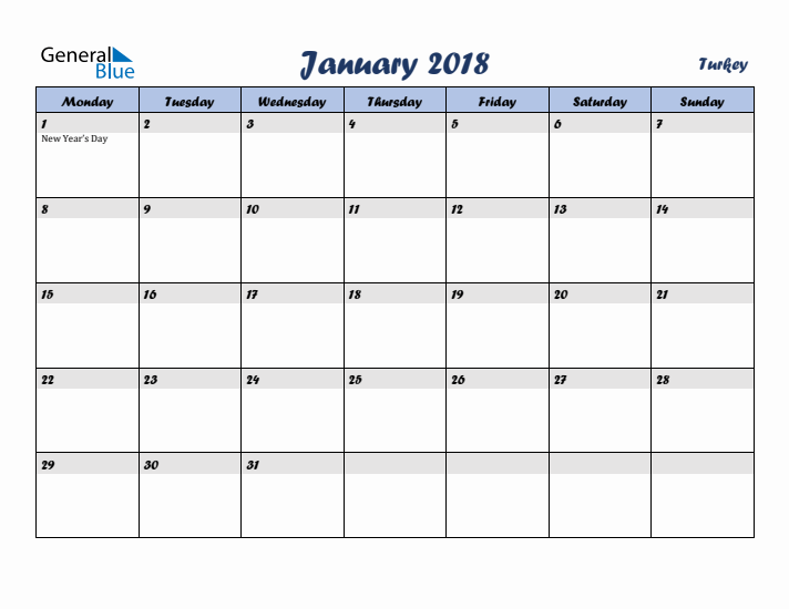 January 2018 Calendar with Holidays in Turkey