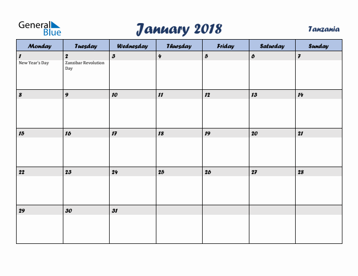 January 2018 Calendar with Holidays in Tanzania