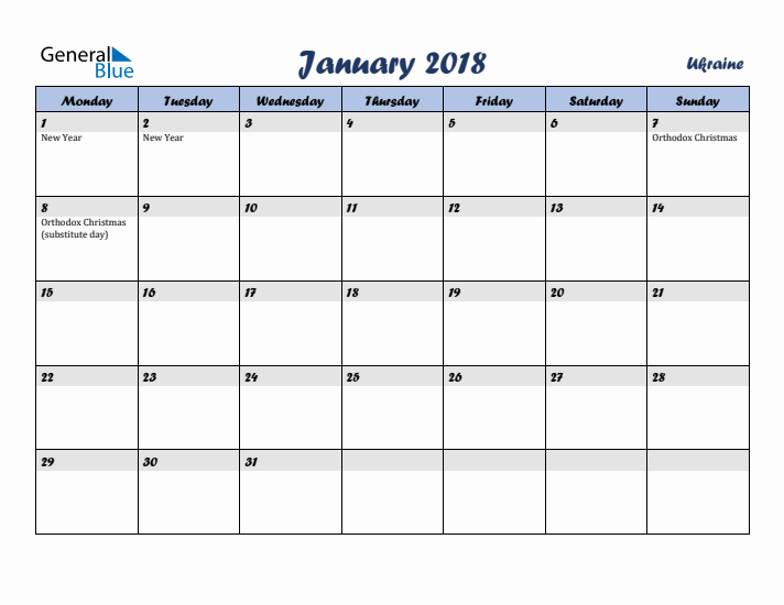 January 2018 Calendar with Holidays in Ukraine