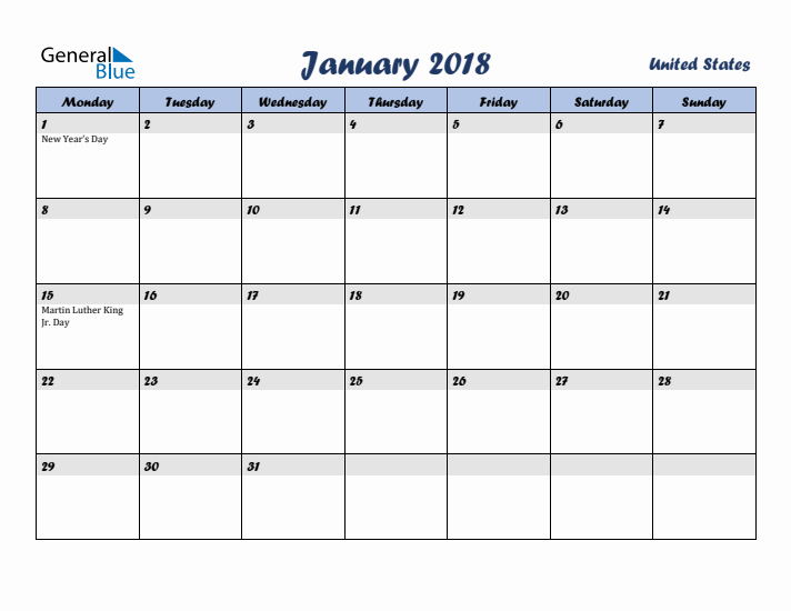 January 2018 Calendar with Holidays in United States