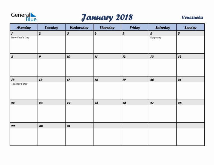 January 2018 Calendar with Holidays in Venezuela