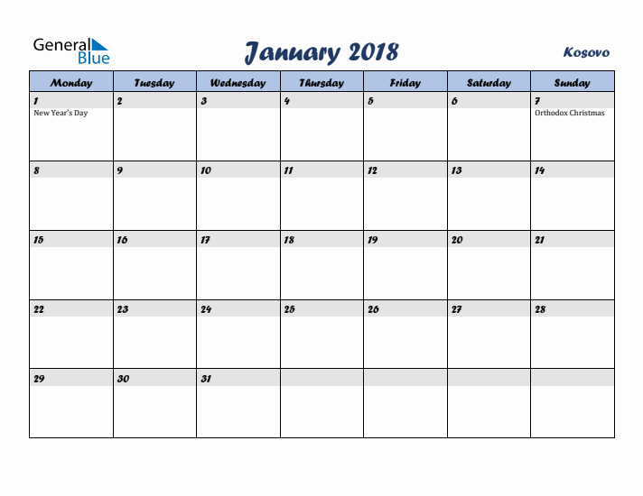 January 2018 Calendar with Holidays in Kosovo