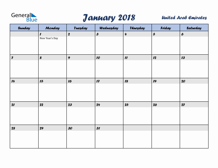 January 2018 Calendar with Holidays in United Arab Emirates