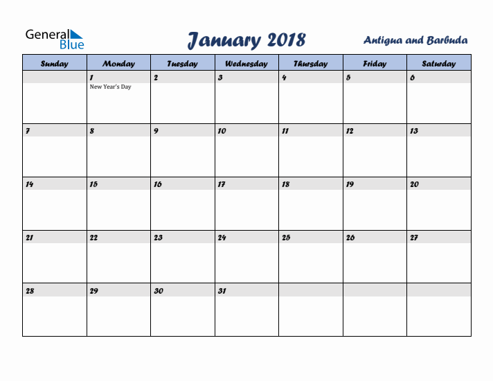 January 2018 Calendar with Holidays in Antigua and Barbuda