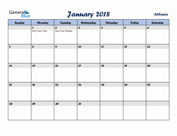 January 2018 Calendar with Holidays in Albania