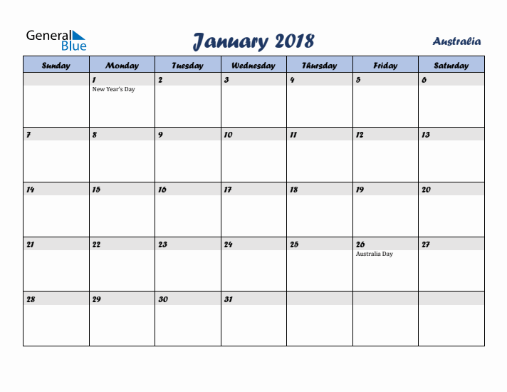 January 2018 Calendar with Holidays in Australia