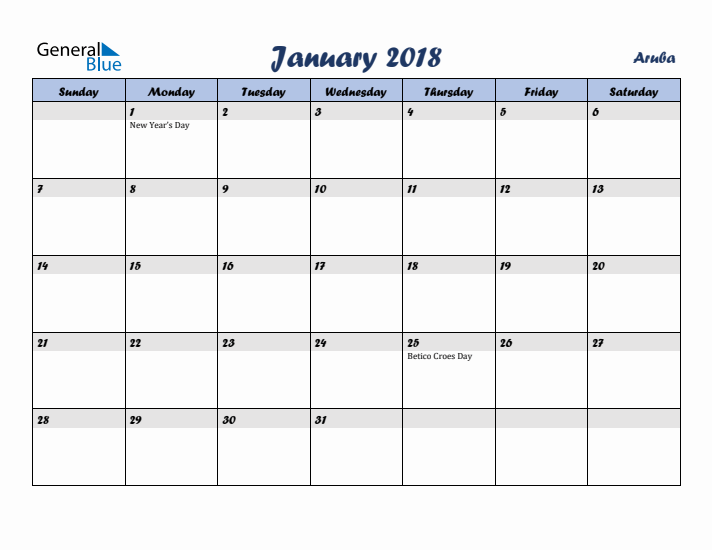 January 2018 Calendar with Holidays in Aruba