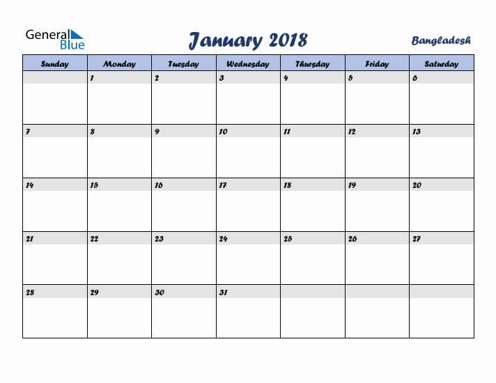 January 2018 Calendar with Holidays in Bangladesh