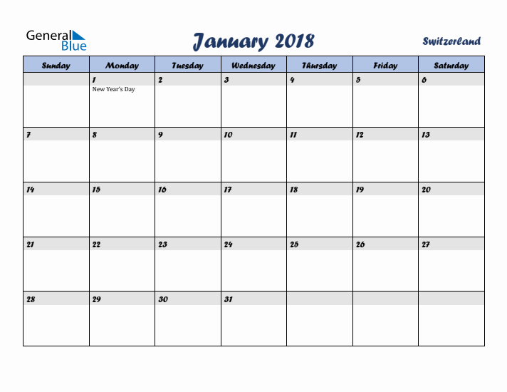 January 2018 Calendar with Holidays in Switzerland