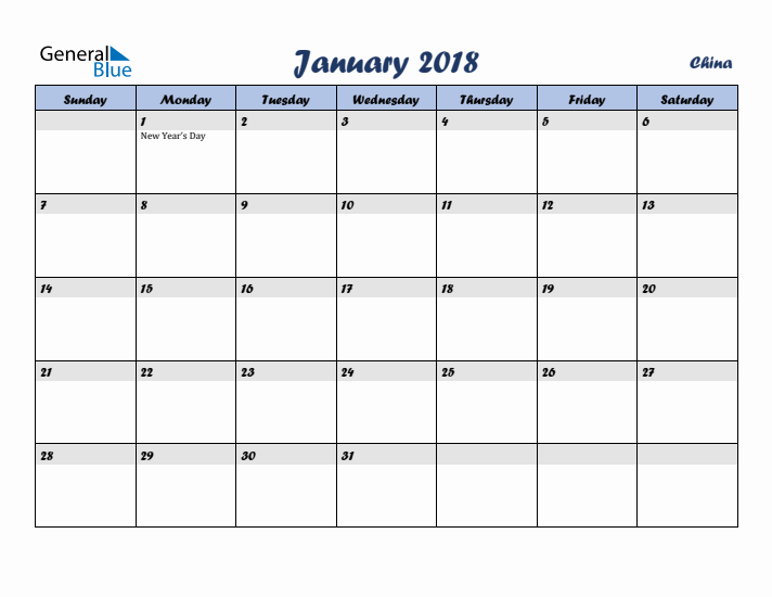 January 2018 Calendar with Holidays in China