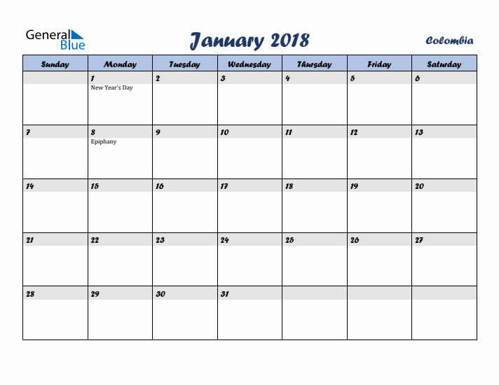 January 2018 Calendar with Holidays in Colombia