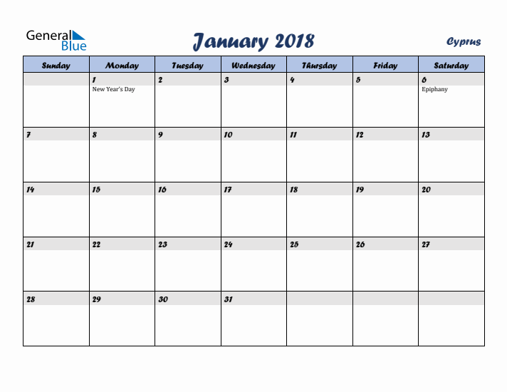 January 2018 Calendar with Holidays in Cyprus