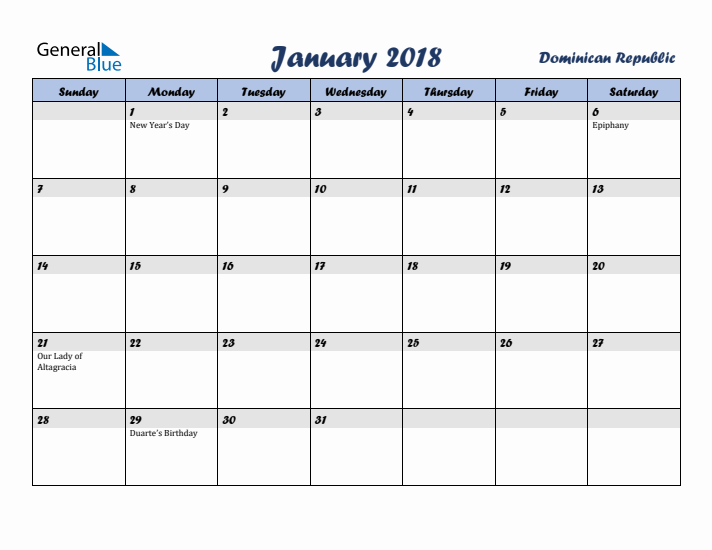 January 2018 Calendar with Holidays in Dominican Republic