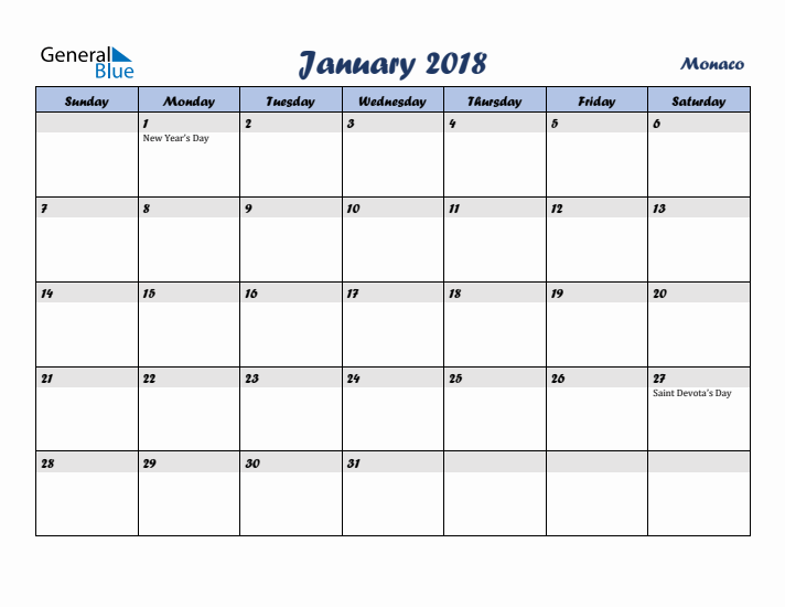 January 2018 Calendar with Holidays in Monaco