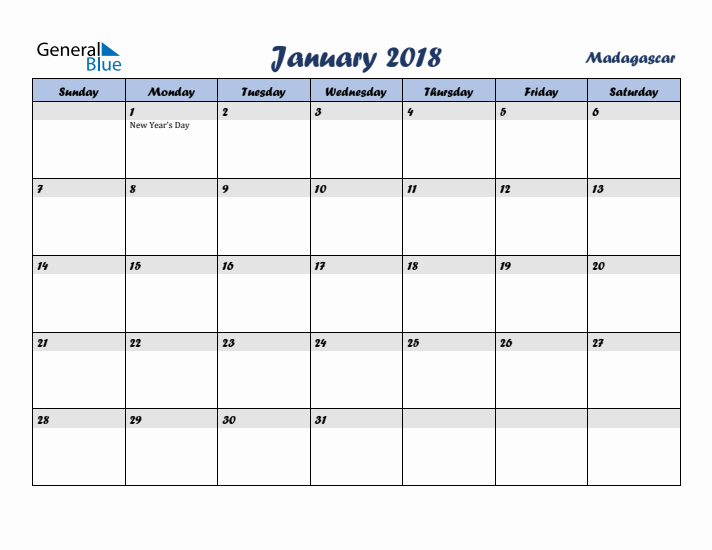 January 2018 Calendar with Holidays in Madagascar