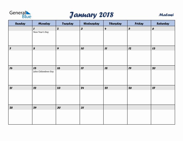 January 2018 Calendar with Holidays in Malawi