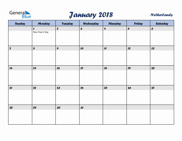 January 2018 Calendar with Holidays in The Netherlands