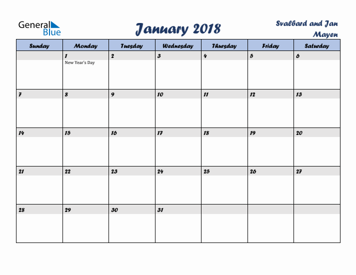 January 2018 Calendar with Holidays in Svalbard and Jan Mayen