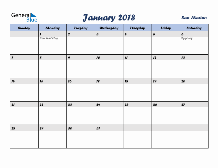 January 2018 Calendar with Holidays in San Marino