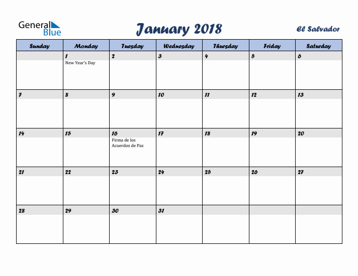 January 2018 Calendar with Holidays in El Salvador