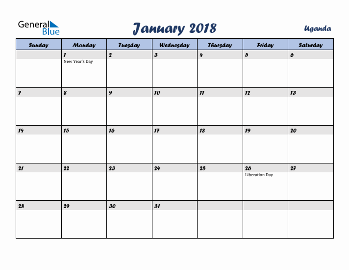 January 2018 Calendar with Holidays in Uganda