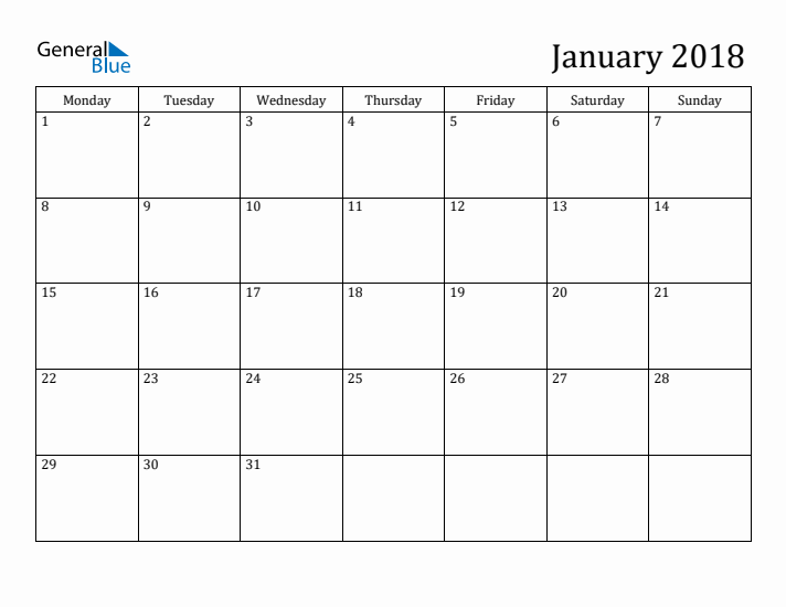 January 2018 Calendar