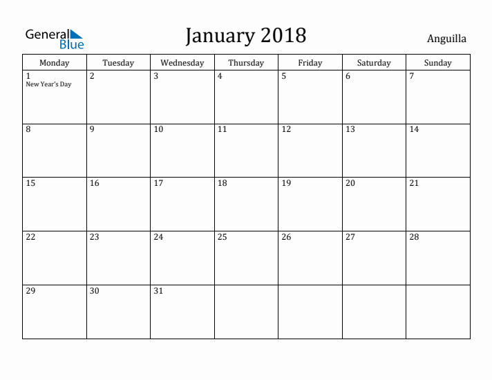 January 2018 Calendar Anguilla