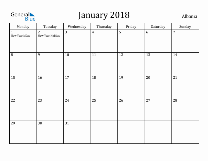 January 2018 Calendar Albania