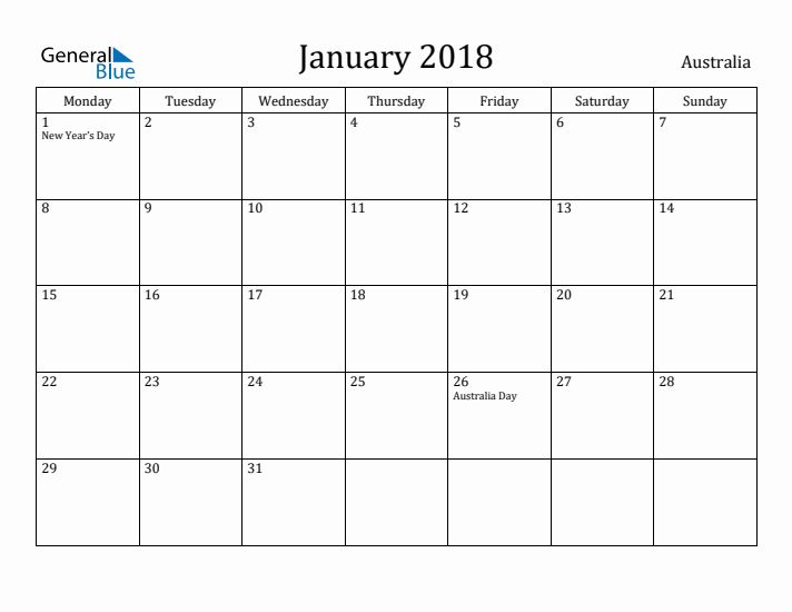 January 2018 Calendar Australia