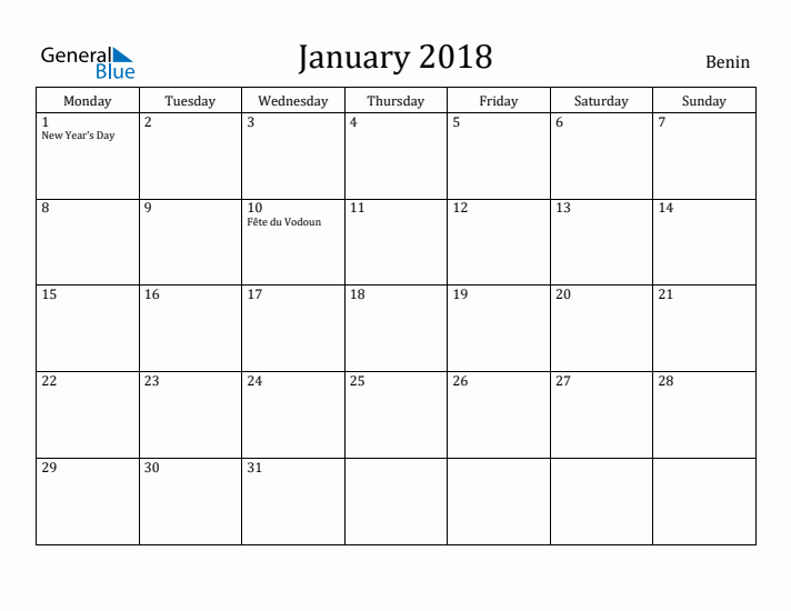 January 2018 Calendar Benin