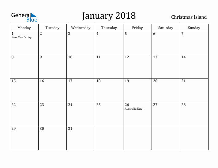 January 2018 Calendar Christmas Island