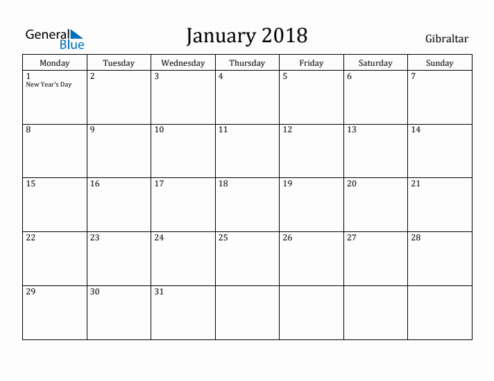 January 2018 Calendar Gibraltar