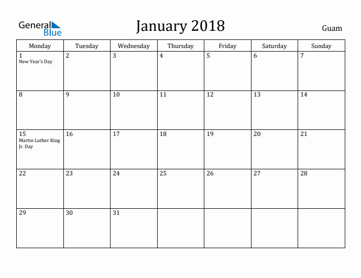 January 2018 Calendar Guam