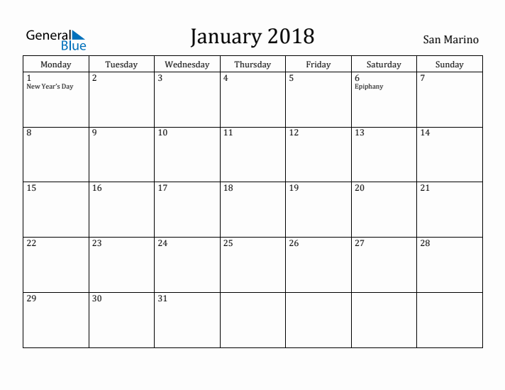 January 2018 Calendar San Marino