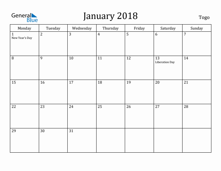 January 2018 Calendar Togo