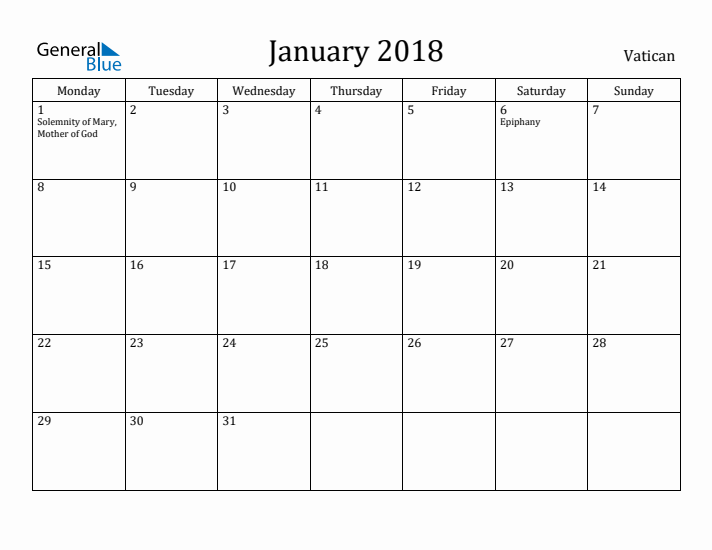 January 2018 Calendar Vatican